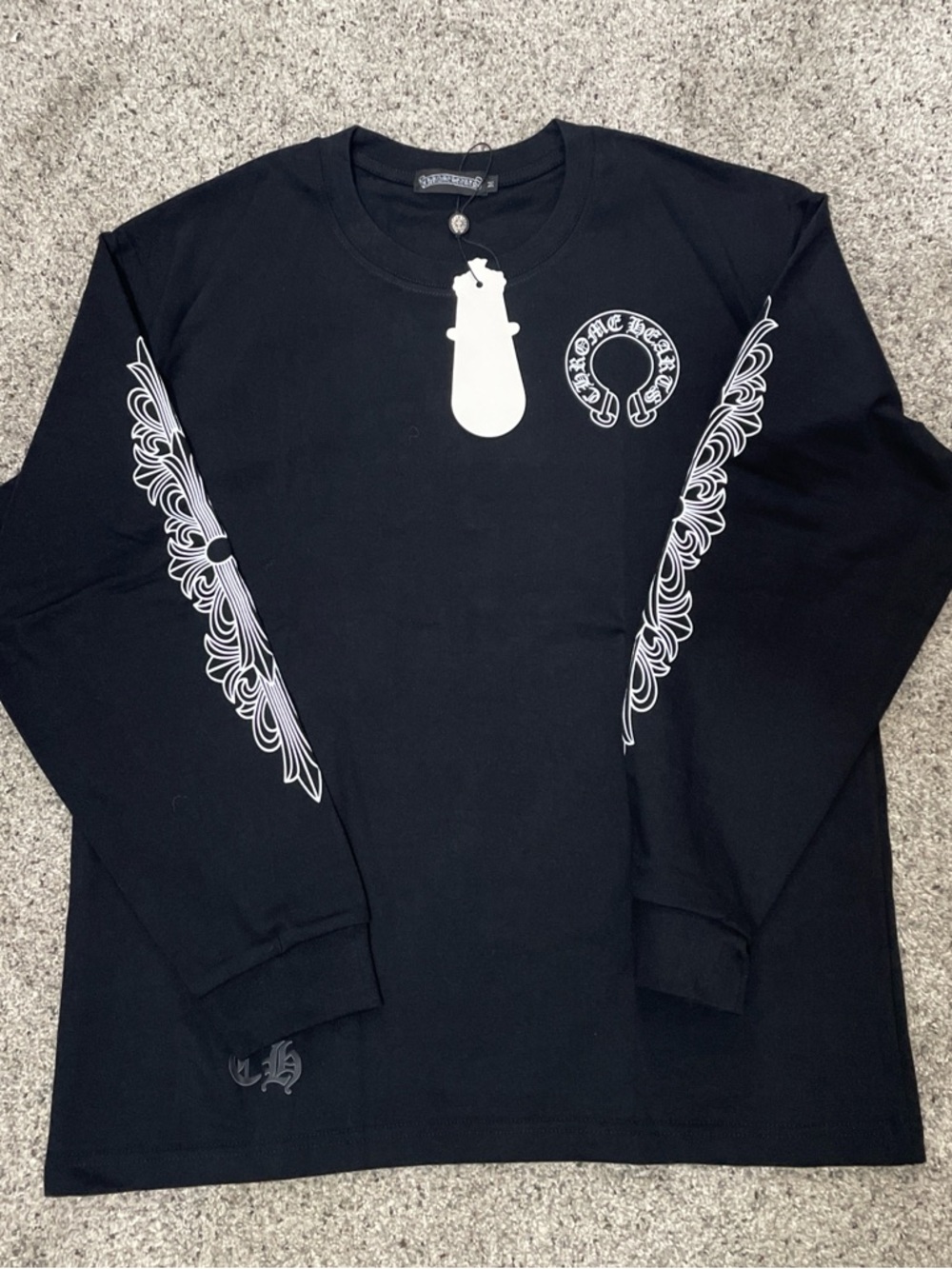 Chrome Hearts Black Long-Sleeve Tee with White Sleeve Graphics